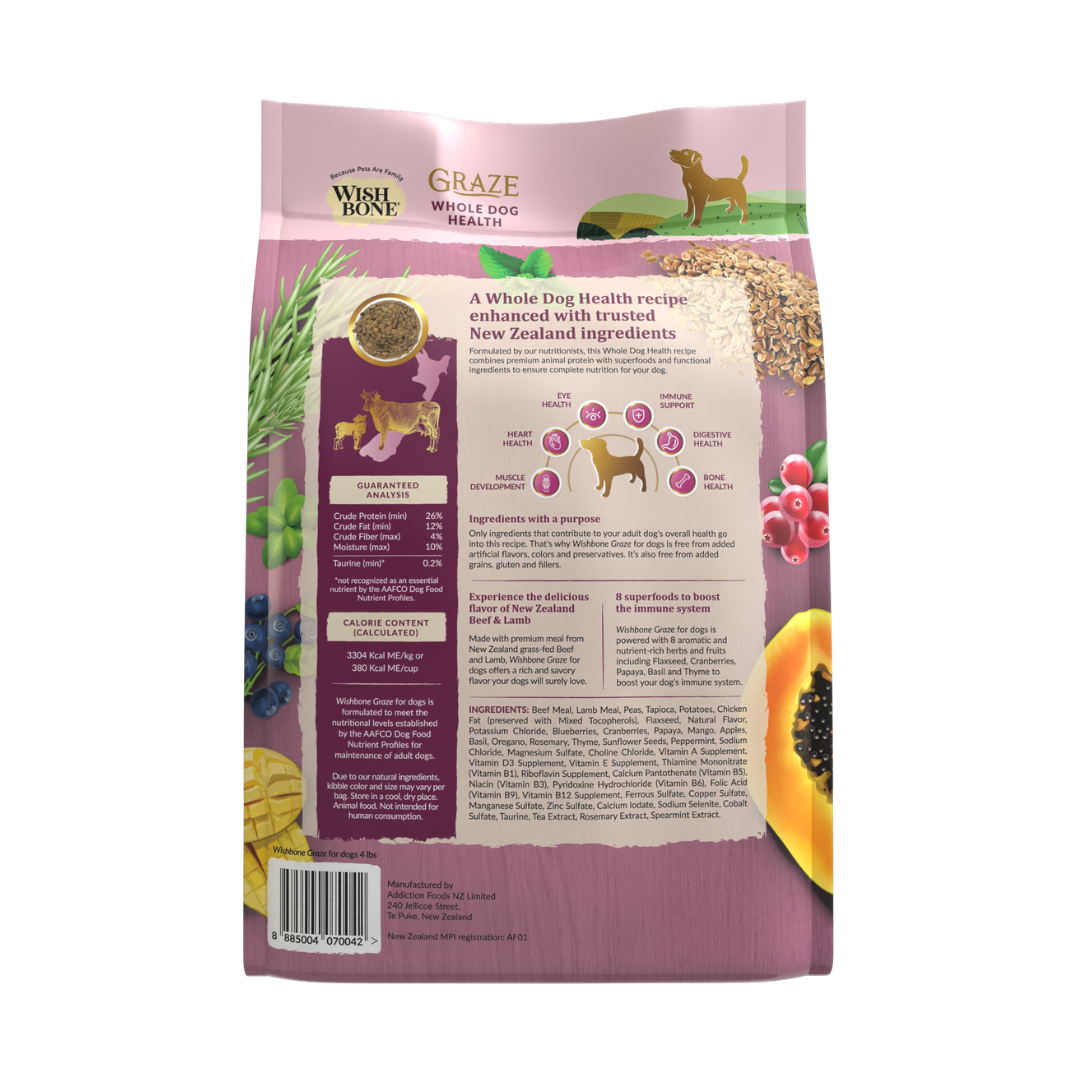 Buy Wishbone Graze New Zealand Beef & Lamb Dry Dog Food - 4 lb bag, gluten-free and grain-free formula with premium beef, lamb, and antioxidants.
