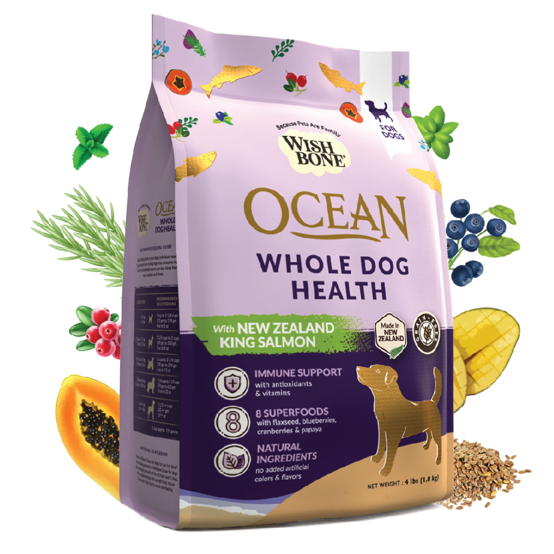 Wishbone Ocean New Zealand King Salmon Dry Dog Food, 4 lb bag, gluten-free and grain-free recipe for healthy skin, coat, and digestion.
