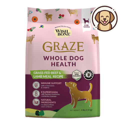 Buy Wishbone Graze New Zealand Beef & Lamb Dry Dog Food - 4 lb bag, gluten-free and grain-free formula with premium beef, lamb, and antioxidants.