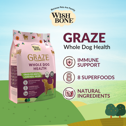 Buy Wishbone Graze New Zealand Beef & Lamb Dry Dog Food - 4 lb bag, gluten-free and grain-free formula with premium beef, lamb, and antioxidants.