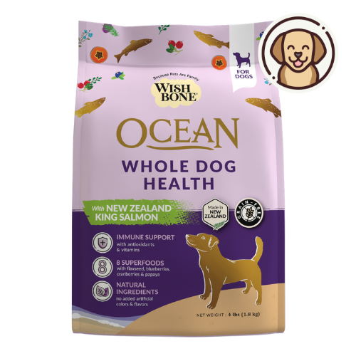 Wishbone Ocean New Zealand King Salmon Dry Dog Food, 4 lb bag, gluten-free and grain-free recipe for healthy skin, coat, and digestion.