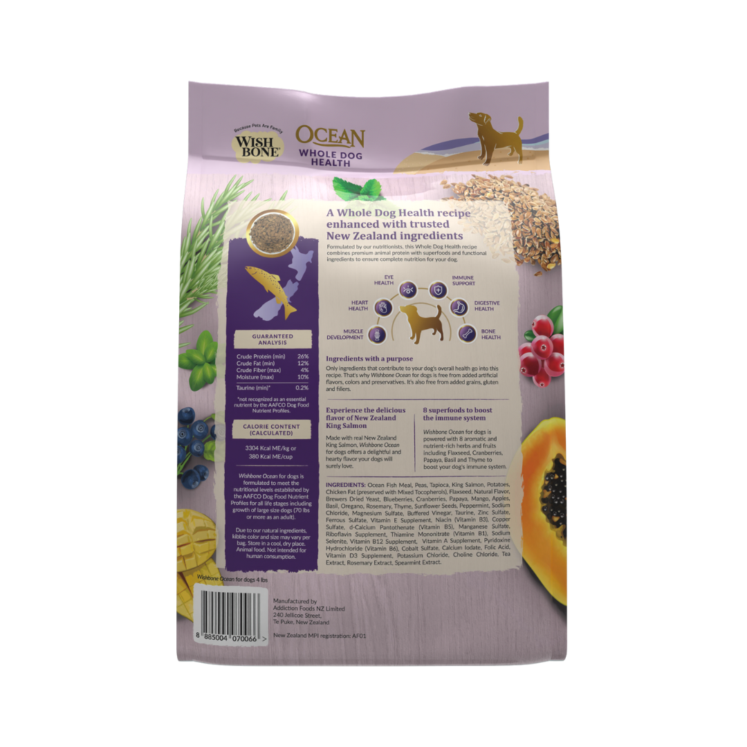 Wishbone Ocean New Zealand King Salmon Dry Dog Food, 4 lb bag, gluten-free and grain-free recipe for healthy skin, coat, and digestion.