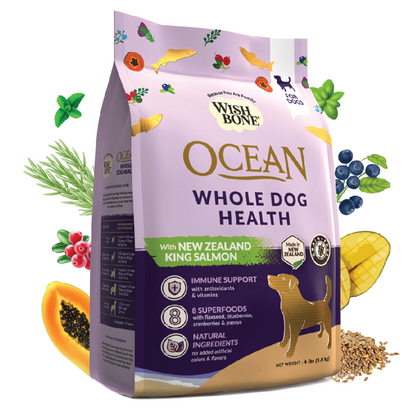 Wishbone Ocean New Zealand King Salmon Dry Dog Food, 4 lb bag, gluten-free and grain-free recipe for healthy skin, coat, and digestion.