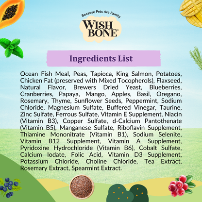 Wishbone Ocean New Zealand King Salmon Dry Dog Food, 4 lb bag, gluten-free and grain-free recipe for healthy skin, coat, and digestion.