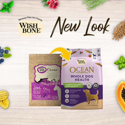 Wishbone Ocean New Zealand King Salmon Dry Dog Food, 4 lb bag, gluten-free and grain-free recipe for healthy skin, coat, and digestion.