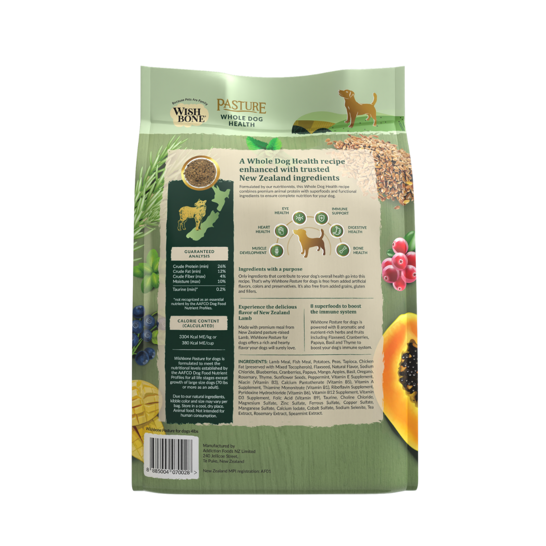 Wishbone Pasture New Zealand Lamb Dry Dog Food, 4 lb bag, gluten-free and grain-free formula for muscle health, digestion, and a shiny coat.