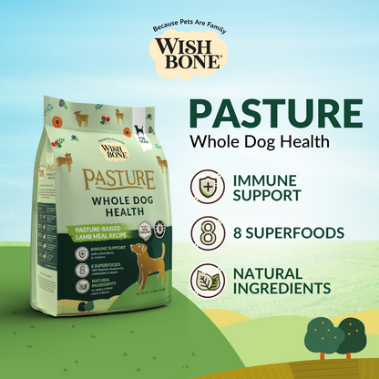Wishbone Pasture New Zealand Lamb Dry Dog Food, 4 lb bag, gluten-free and grain-free formula for muscle health, digestion, and a shiny coat.