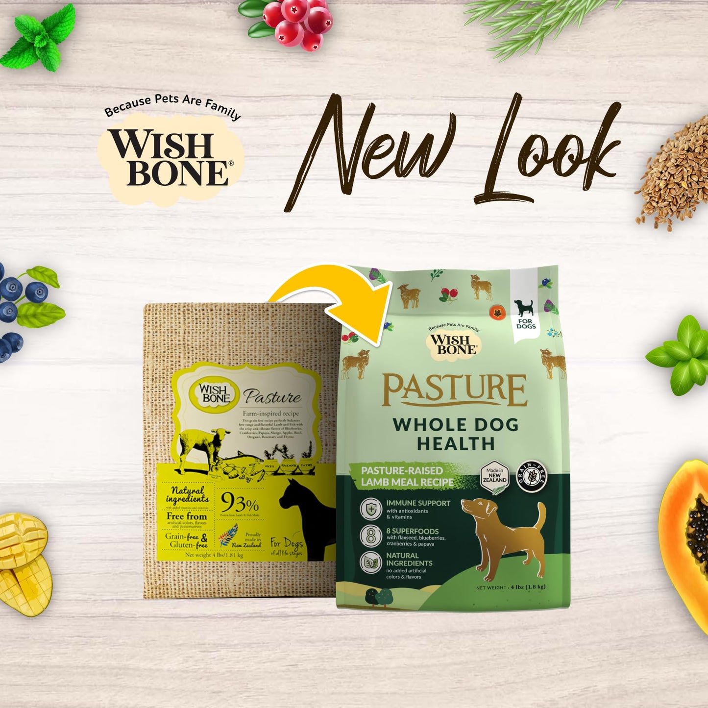 Wishbone Pasture New Zealand Lamb Dry Dog Food, 4 lb bag, gluten-free and grain-free formula for muscle health, digestion, and a shiny coat.